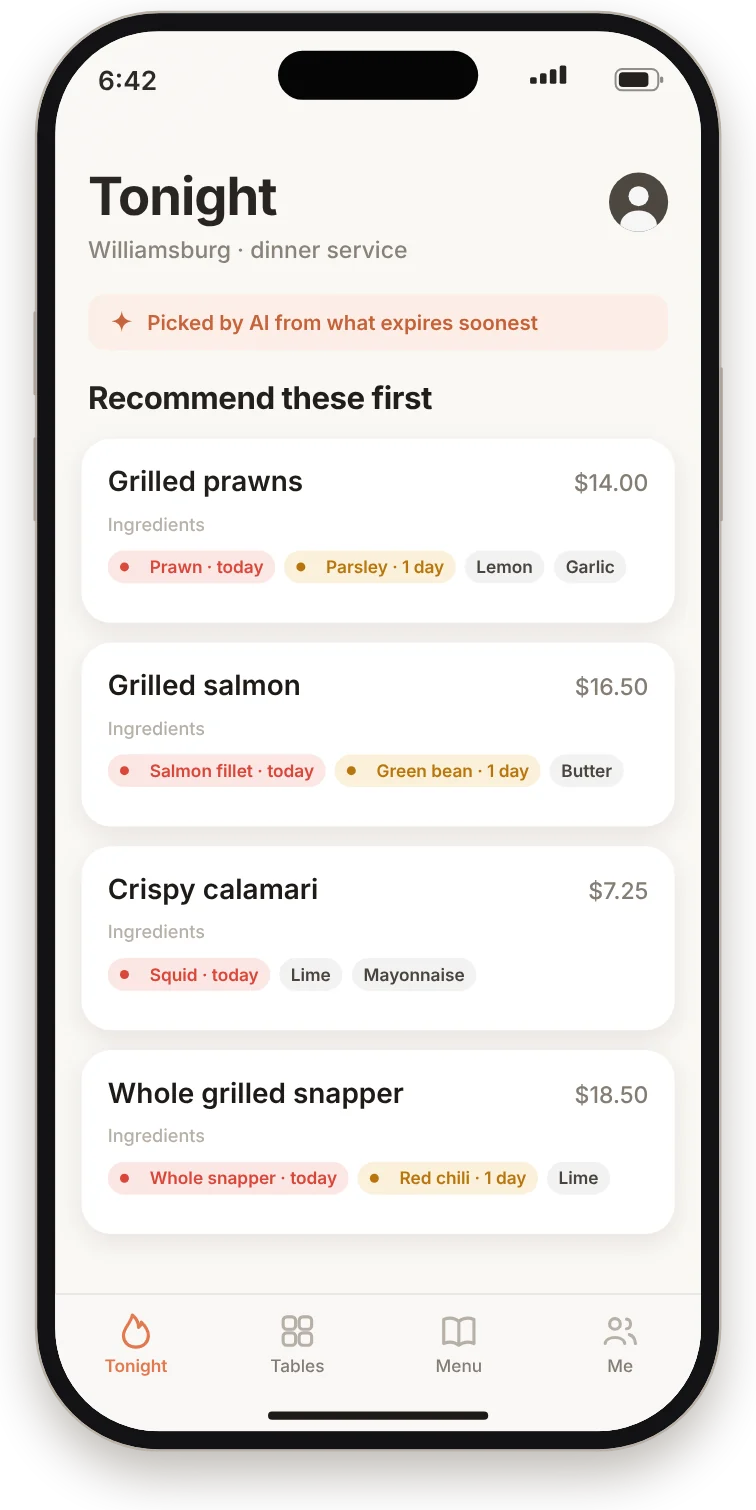Server view on iPhone: dishes to recommend tonight, with the ingredients that expire